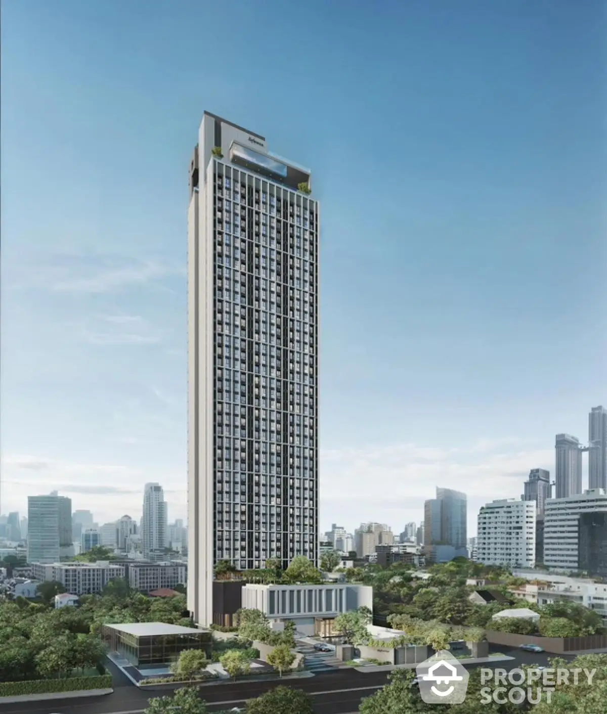 Stunning high-rise building with panoramic city views and lush greenery in urban setting.