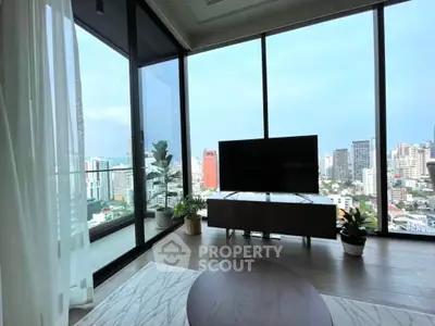 Luxurious living room with stunning city view and modern decor