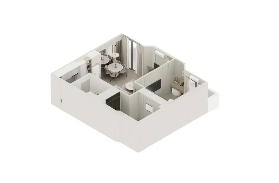 Modern 3D floor plan showcasing a stylish open layout with kitchen and dining area.