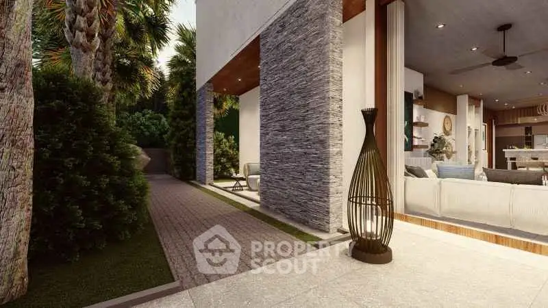 Luxurious modern home exterior with stylish patio and lush greenery
