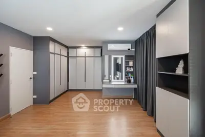 Spacious modern bedroom with sleek storage and vanity area