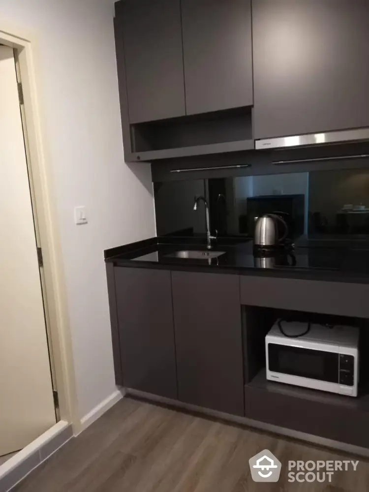 Modern compact kitchen with sleek black cabinets and appliances