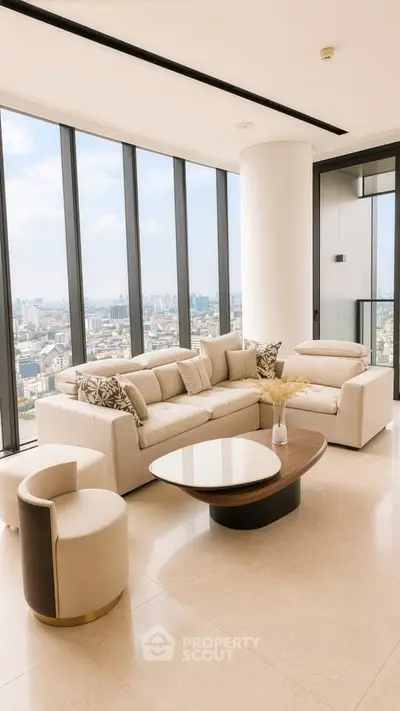Luxurious living room with panoramic city views and elegant furnishings.