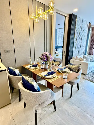 Elegant dining area with modern decor and cozy seating in a stylish apartment