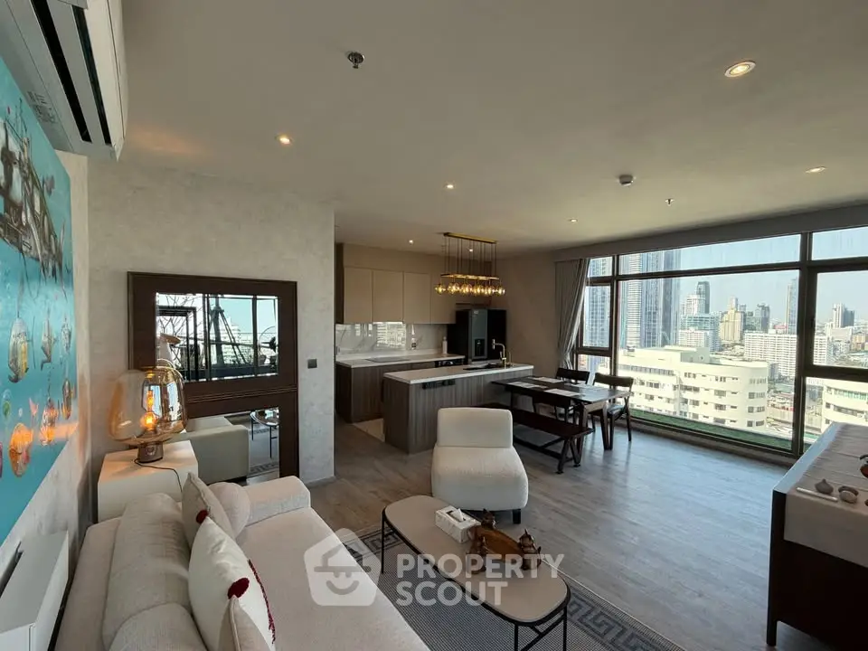 Luxurious open-plan living room with stunning city view and modern decor