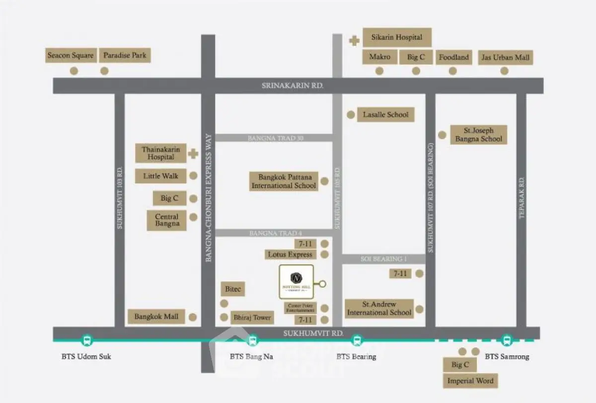 Map showcasing prime real estate locations near Bangkok with schools, malls, and hospitals.
