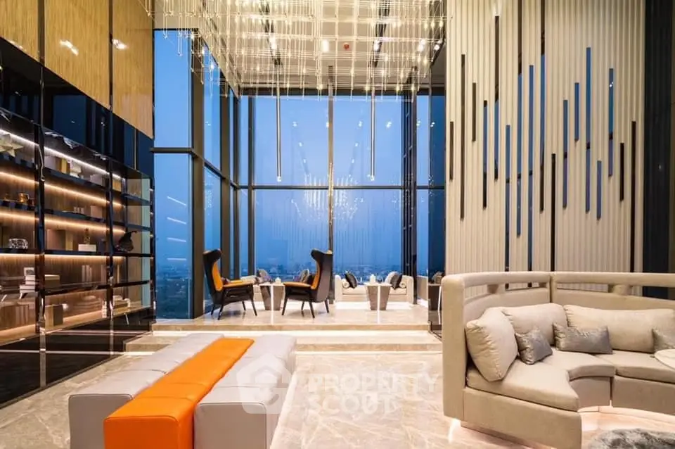 Luxurious modern living room with high ceilings and panoramic city views.