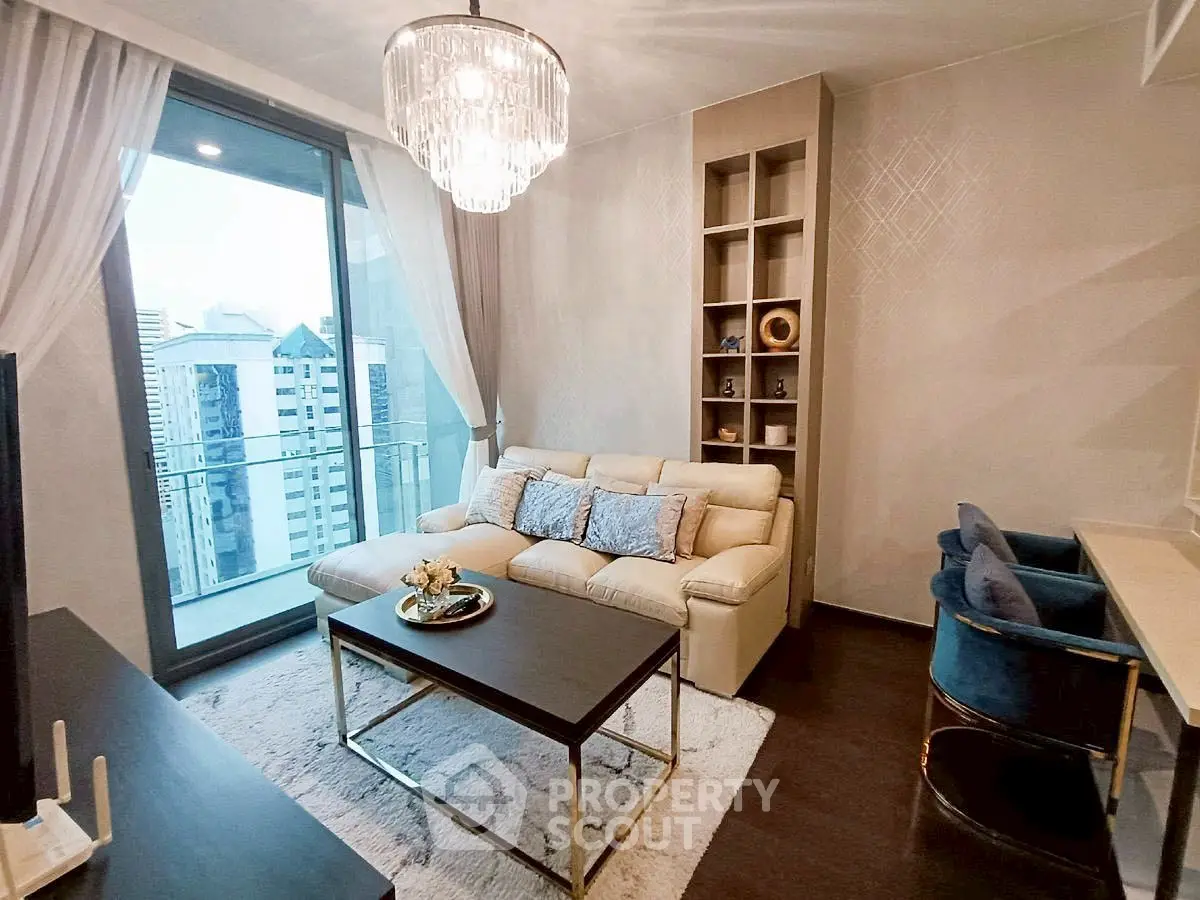 Luxurious living room with elegant decor and city view balcony in modern apartment.