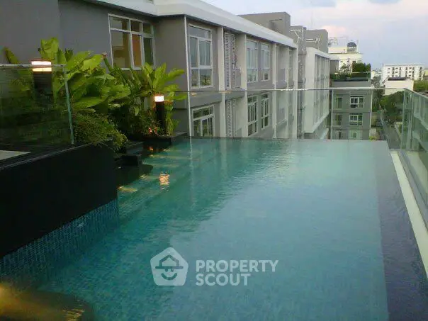 Luxurious rooftop infinity pool with stunning city views in modern apartment complex.
