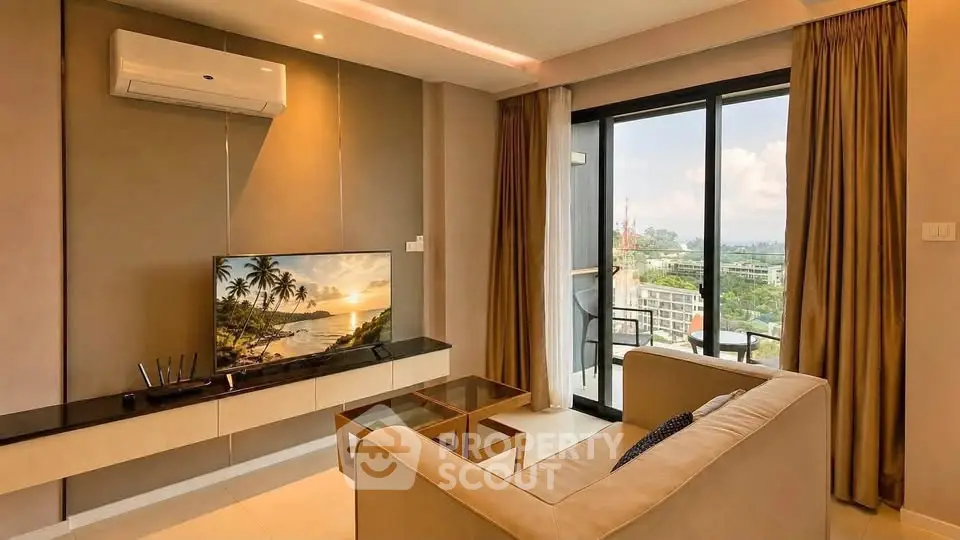Modern living room with stunning city view and sleek interior design