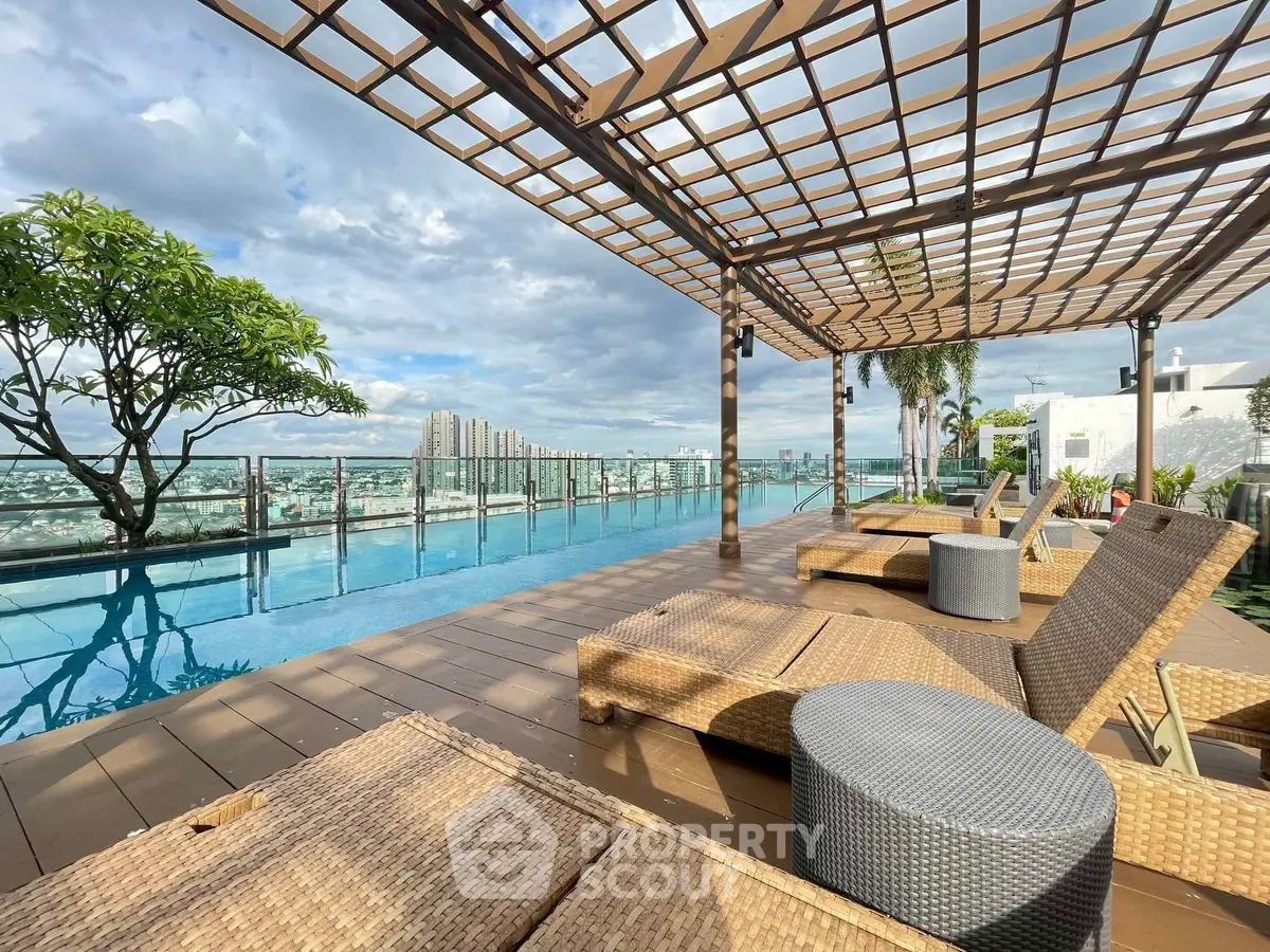Stunning rooftop pool with city skyline views and stylish lounge chairs.