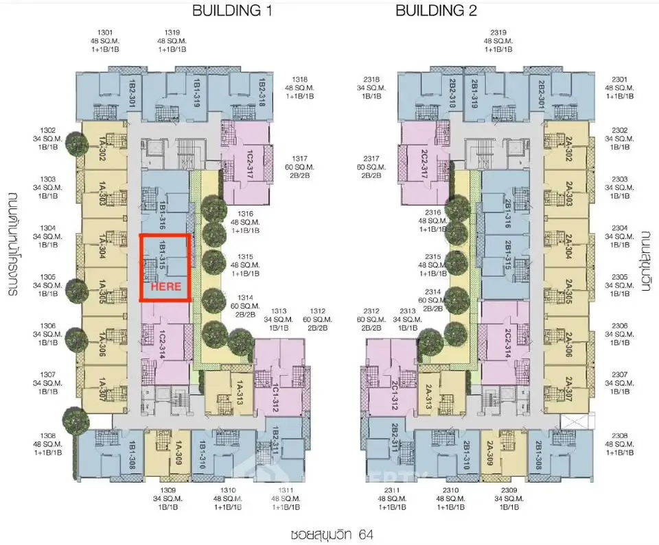 Detailed floor plan of two buildings with unit layouts and highlighted section.