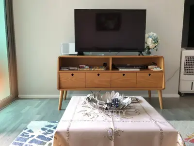 Modern living room with stylish TV stand and elegant decor