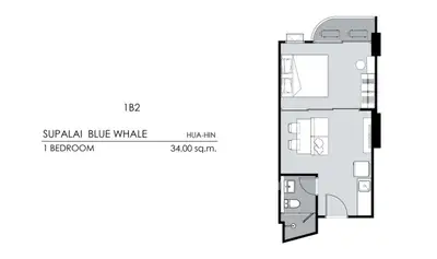 Modern 1-bedroom floor plan at Supalai Blue Whale Hua Hin, 34 sq.m.
