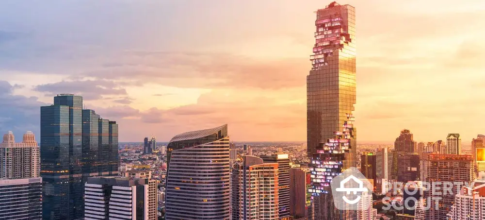 Stunning cityscape view with iconic skyscraper at sunset