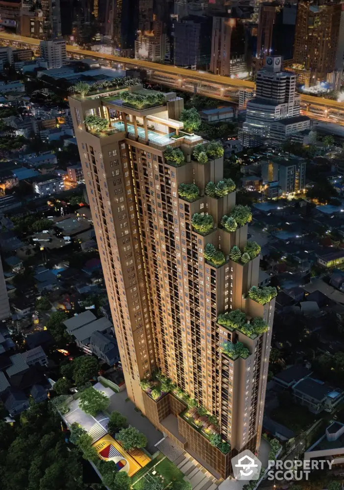 Stunning aerial view of a luxurious high-rise building with lush rooftop gardens in a vibrant cityscape.