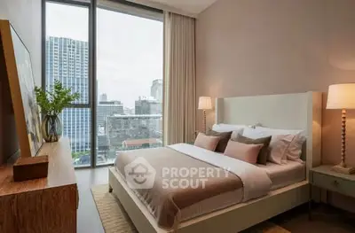 Luxurious bedroom with stunning city view and elegant decor