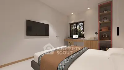 Modern bedroom with stylish decor and wall-mounted TV, perfect for relaxation.