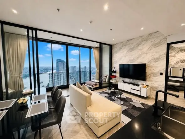 Luxurious living room with stunning city view, modern decor, and open layout in high-rise apartment.