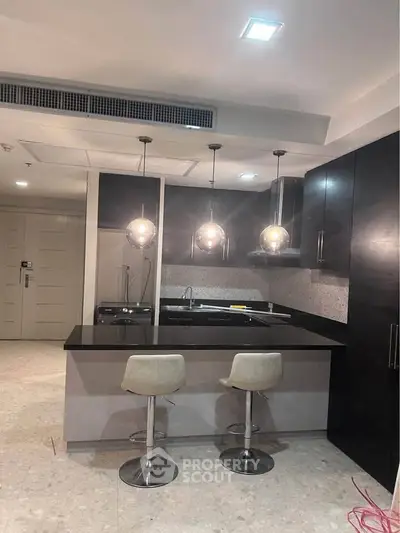 Modern kitchen with sleek black countertops and stylish pendant lighting