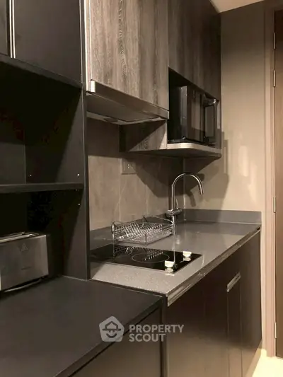 Modern compact kitchen with sleek cabinetry and built-in appliances