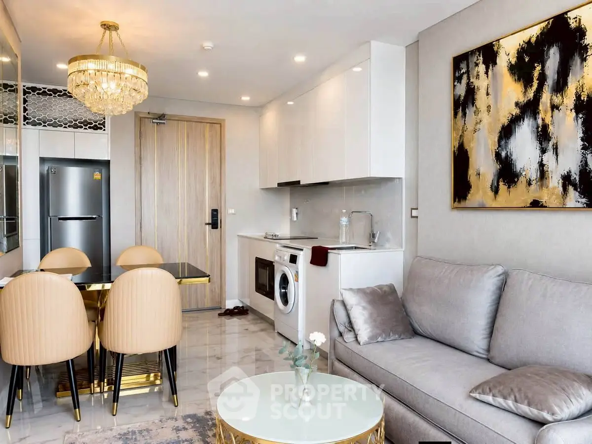Luxurious modern living room with elegant decor, open kitchen, and stylish dining area in a high-end apartment.