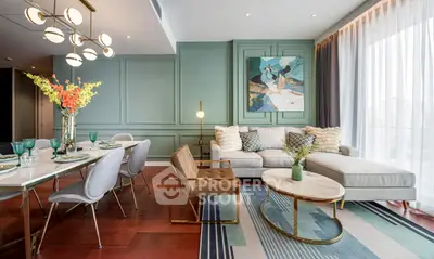 Luxurious modern living room with elegant decor and stylish furniture, featuring a chic dining area and large windows.
