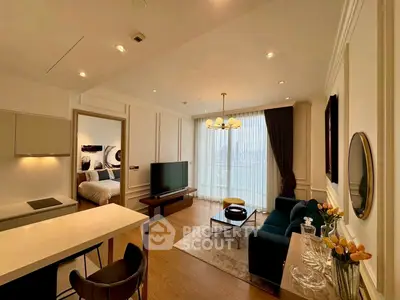 Elegant modern living room with open kitchen and stylish decor