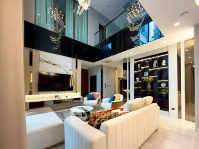 Luxurious modern living room with high ceilings and elegant decor