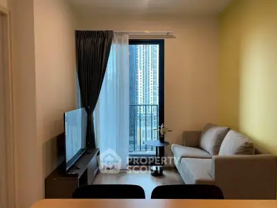 Modern living room with balcony view in urban apartment