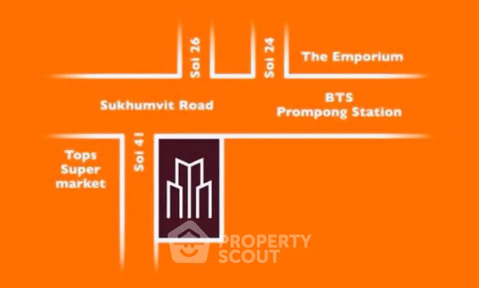 Map showing location near Sukhumvit Road, close to BTS Prompong Station and The Emporium.
