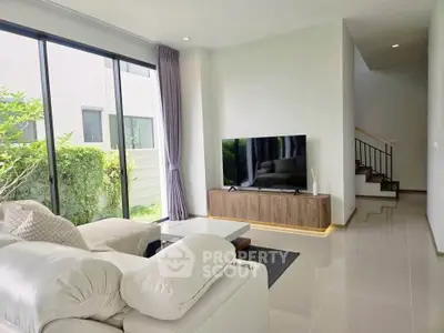 Modern living room with sleek design and large windows for natural light