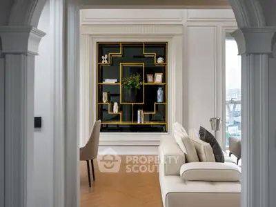 Luxurious living room with elegant decor and stylish shelving unit