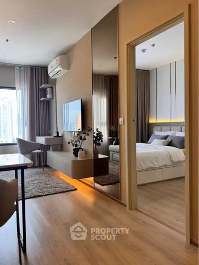 Modern apartment interior with stylish living room and cozy bedroom