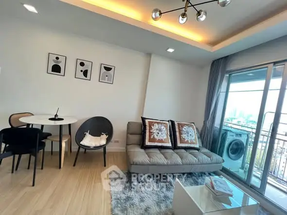 Modern living room with stylish decor and city view balcony