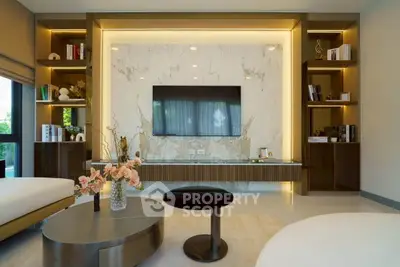 Luxurious modern living room with elegant marble wall and stylish decor