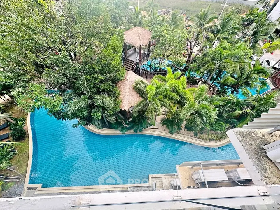 Stunning aerial view of tropical pool surrounded by lush greenery and palm trees, perfect for relaxation.