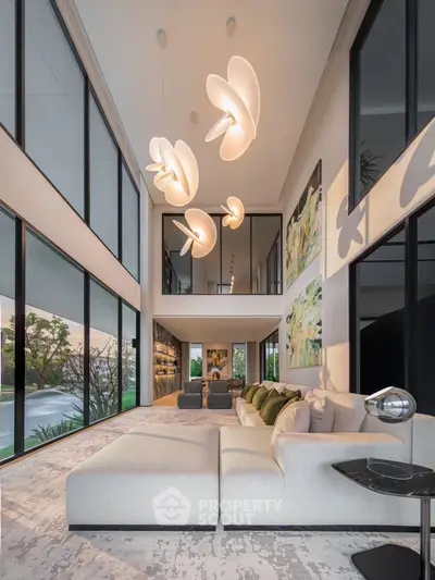 Luxurious modern living room with high ceilings and elegant lighting