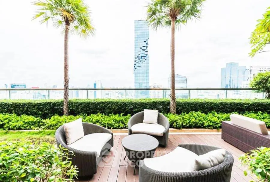 Luxurious rooftop garden with modern seating and stunning cityscape view.