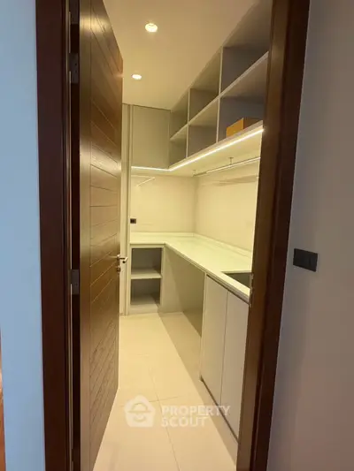 Modern storage room with sleek shelving and ample lighting in a contemporary home.