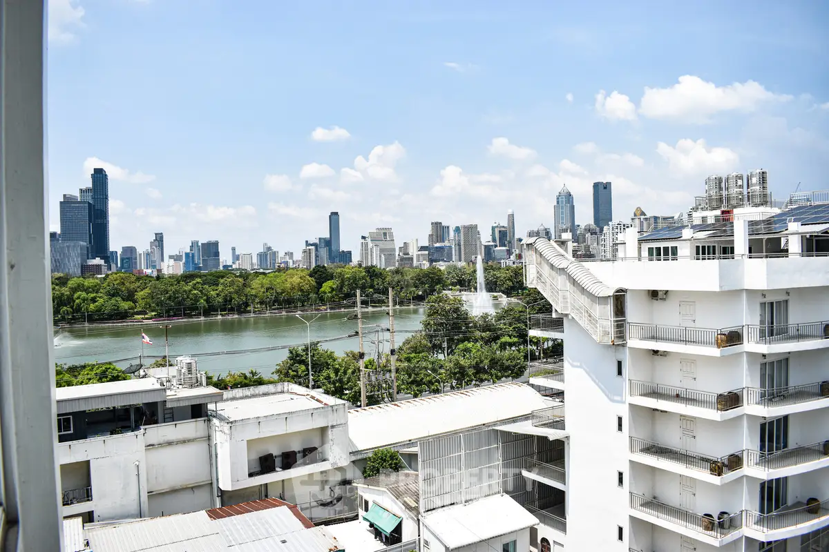 Stunning cityscape view from high-rise building overlooking a serene lake and lush greenery.