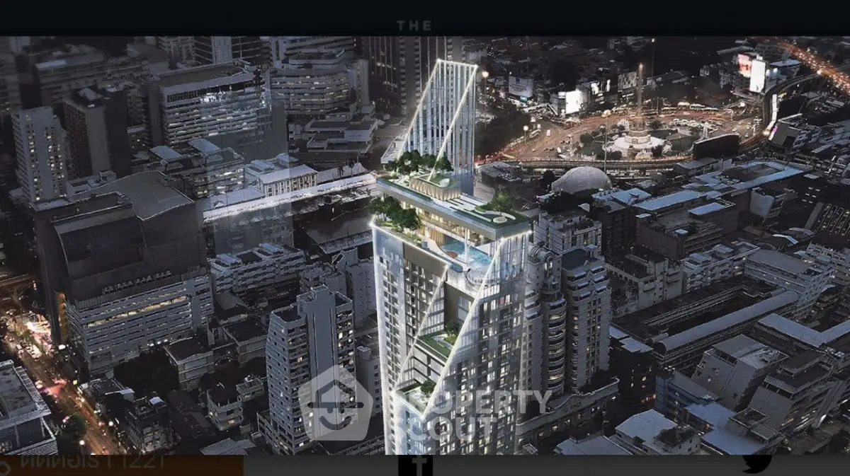 Stunning aerial view of a modern skyscraper with rooftop gardens and pool in a bustling cityscape.