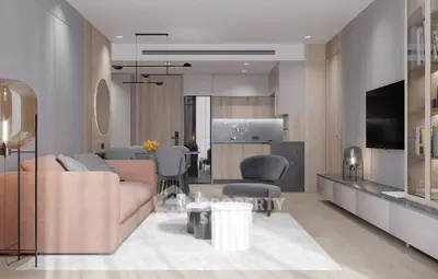 Modern living room with stylish furniture and open kitchen layout, perfect for contemporary living.