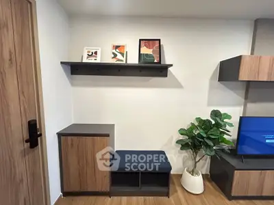 Modern living room with stylish decor and wooden accents