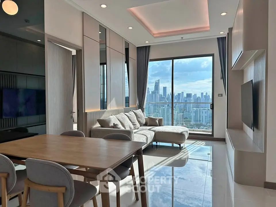 Luxurious modern living room with stunning city skyline view, featuring elegant furniture and floor-to-ceiling windows.