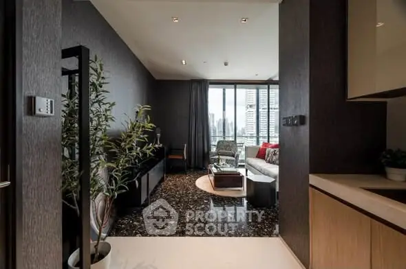Modern living room with city view, sleek design, and stylish decor in high-rise apartment.