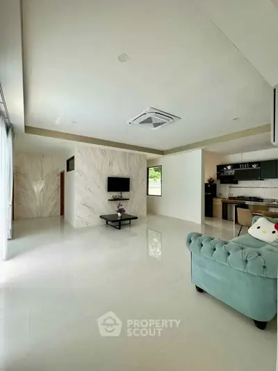 Spacious modern living room with elegant decor and open kitchen layout