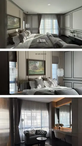 Luxurious bedroom with elegant decor and cozy seating area