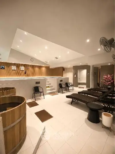Luxurious spa area with wooden hot tubs and modern lounge chairs in a serene setting.