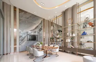 Luxurious modern living room with elegant decor and marble accent wall